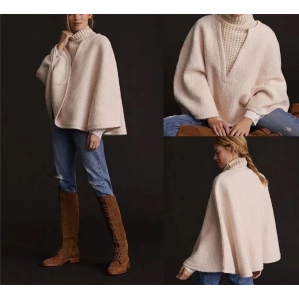 Anthropologie Textured sweater poncho wool blend Mock Neck OS Cream